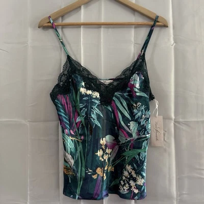 LINEA DONATELLA Cami Camisole M Lingerie Satin Floral Teal Lace Trim Sexy New - Image 1 of 4