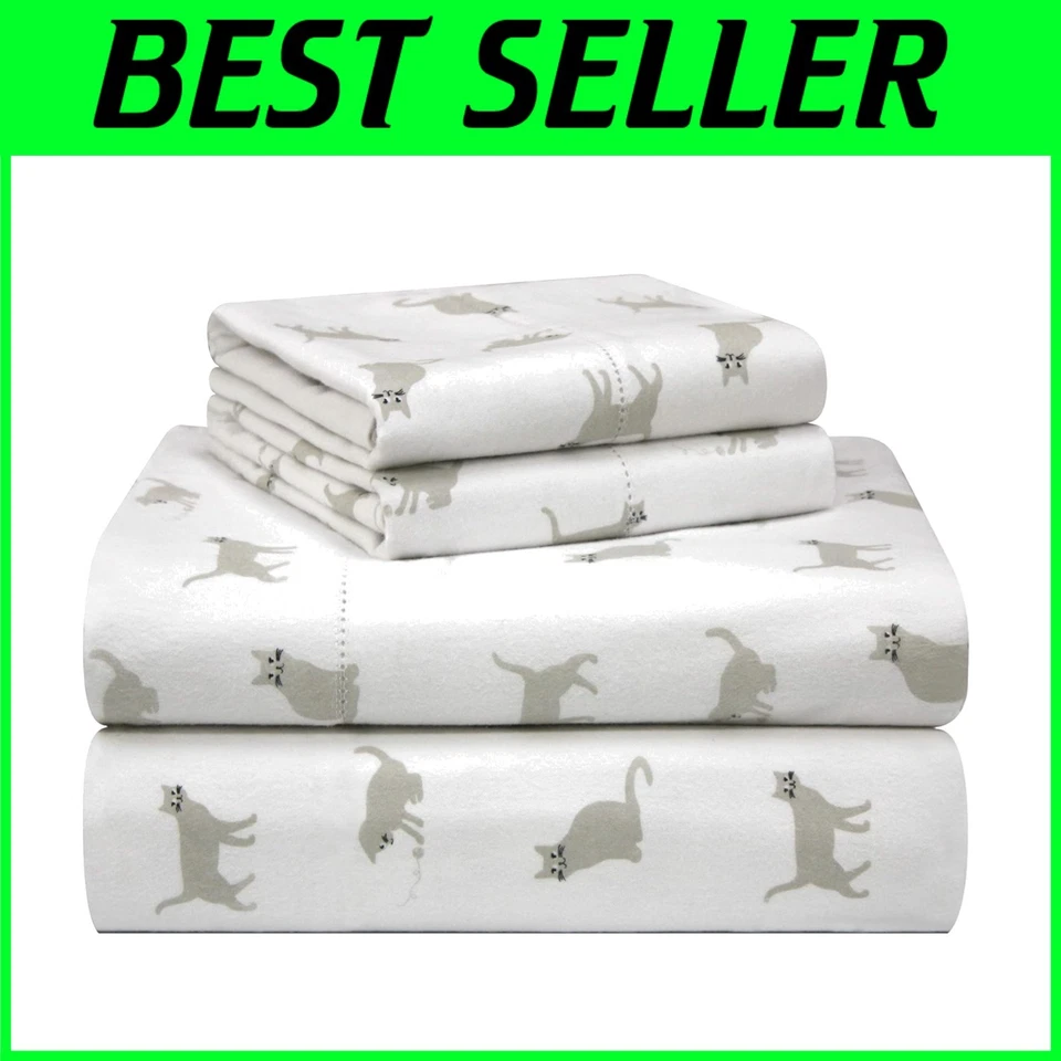 Juego de sábanas de franela 100 % algodón - 180 GSM - Queen, estampado cálido de gato - Lavar a máquina Foto 1 de 4