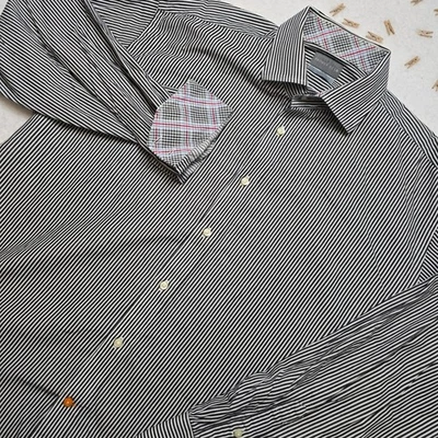 Camisa social masculina Thomas Dean XL listrada preta branca manga longa botão para baixo - Imagem 1 de 4