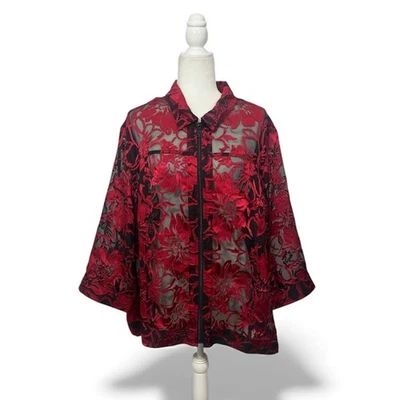 Chaqueta Top Drapers & Damon Roja Negra Floral Burnout Transparente Cremallera Frontal Talla Grande 3X Foto 1 de 4
