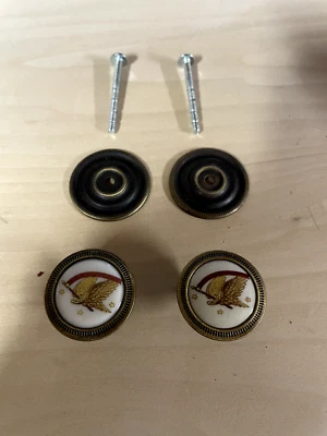 Hitchcock Eagle Banner Star 1- 1/4 inch Porcelain Brass Pull Knobs (set of 2) - Image 1 of 4