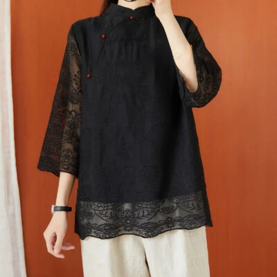Women Floral Lace Blouse Top Mandarin Collar Ethnic Casual Loose Retro Black - Image 1 of 4