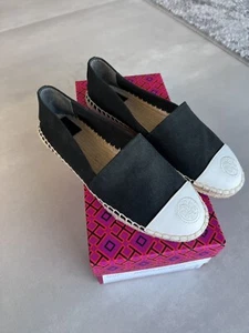 Tory Burch espadrilles color block black canvas with white leather cap toe 7 - Picture 1 of 6
