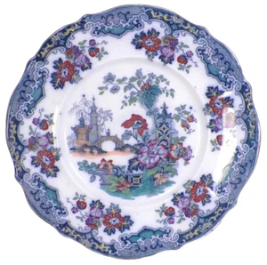 Sobraon Flow Blue Dinner Plate Polychrome Pagoda Flowers Earthenware Antique - Picture 1 of 5