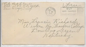 U.S.A.FREE POST COVER 7/12/42 SAN DIEGO - BOWLING GREEN, Ky. WAR SAVINGS SLOGAN. - Picture 1 of 2