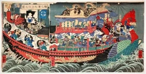 Utagawa Yoshitsuya Japan Woodblock Prints Battle Ship Stormy seas Orca Triptych - Picture 1 of 6