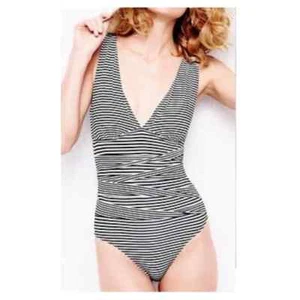 Garnet Hill Women's 8 Swimsuit Black White Striped Ruched V-Neck One Piece - Imagen 1 de 4