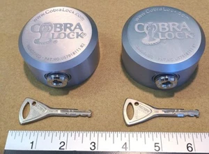2 x Cobra heavy steel puck locks w/ Abloy plug locking cylinders & 2 keys - New - Picture 1 of 14