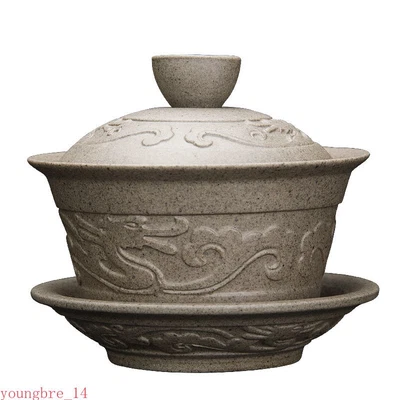 Cuenco cubierto de puré de porcelana tallada hecha a mano relieve dragón Gaiwan de cerámica cruda Foto 1 de 3