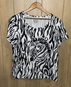 Chico’s T-Shirt Women’s 1 (M) Black Zebra Print Studded Accents Short Sleeve - Picture 1 of 9