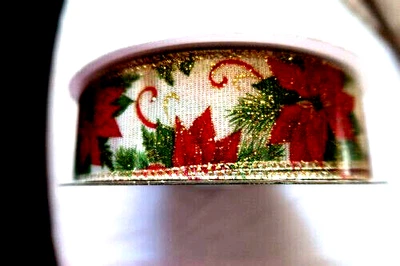 CHRISTMAS POINSETTIAS KIRKLAND WIRE EDGE RIBBON 50 Yds. GOLD GLITTER 1.5” Wide - Image 1 of 3