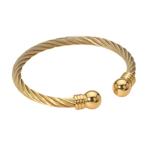 Edelstahl Kabel Manschette Armband mit polierten Kugelspitzen Unisex Schmuck - Bild 1 von 2