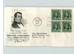 WASHINGTON IRVING, Legend of Sleepy Hollow Author, BL/4, 1940 FDC - Picture 1 of 1