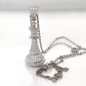 1.Kt Rund Schnitt Echt Moissanit Schach König Herren Anhänger 14k Weiß Vergoldet - Bild 1 von 6