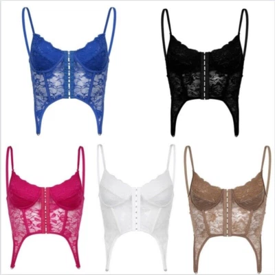 Floral Lace Tank Bustier Bra Bralette Crop Top Sexy Sheer Spaghetti Straps - Image 1 of 4
