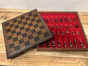 Vintage Leather Chess Board (11" X 11") w/ Metal Pieces - Picture 1 of 10