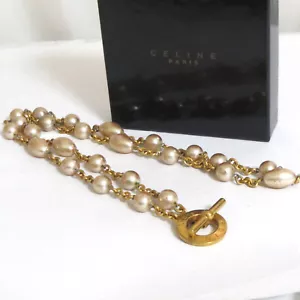 Auth Vintage Celine Faux Pearls Long Necklace Chain Belt Goldtone 90cm/35.4" in - Picture 1 of 24