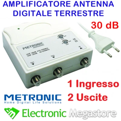 AMPLIFICATORE ANTENNA TV DVB-T2 ALIMENTATO DI LINEA DA INTERNO 2 OUT 30dB - Immagine 1 di 4