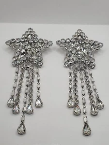 Alessandra Rich Platinum Tone Crystal Embellished Star Pendant Drop Clip Earings - Picture 1 of 8