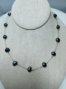 925 Sterling Silver Peacock Gray Pearl Station Necklace Vintage Estate Jewelry - Picture 1 of 4