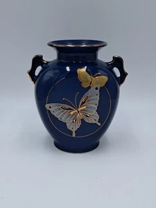 Fine China Vase Blue Butterfly W/Goldtone Accents 7" 2 Handles Japan EUC - Picture 1 of 6