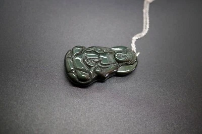 正品黑曜石观音吊坠佛饰品银色项链可调节 18 英寸 — 第 1/4 张图片
