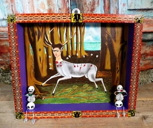 Frida Kahlo as Wounded Deer Shadow Box & Skeletons Hand Painted Mexican Folk Art - Picture 1 of 14