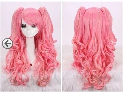 Hermosa Peluca Rosa Larga Rizada Cosplay + 2 Pelucas Largas Rizadas Trenzas + Red para el Cabello AAA Foto 1 de 4