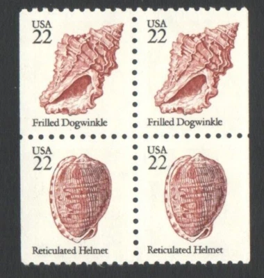 Unused US Postage Block 22 Cent Stamps Reticulated Helmet & Frilled Dogwinkle - Image 1 of 2