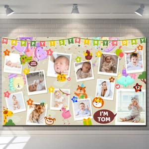 Hito Mensual 1er Cumpleaños Bebé Foto Fiesta Banner Telón de Fondo Globo Animal - Imagen 1 de 2