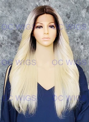 Peluca larga recta de encaje frontal mezcla cabello humano rubio claro enraizado EVFL Foto 1 de 4