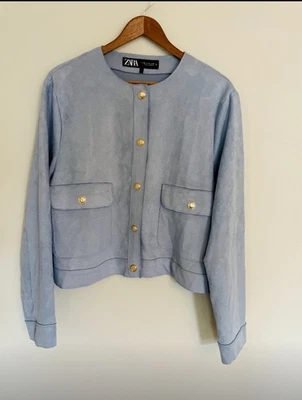 Zara Sky Blue Gold Button Faux Suede Cropped Blazer. Size XL - Image 1 of 4