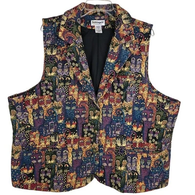Serengeti Tapestry All Over Kitty Cat Print Vest 2X Multicolor Lined Collared - Image 1 of 4