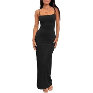 NEW Womens Summer Casual Slip Dress Spaghetti Strap Bodycon Maxi Sz Small Black - Picture 1 of 1