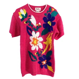 Vintage Jaclyn Smith Art To Wear Flowers Goldbergs Short Sleeve Sweater Small - Picture 1 of 4