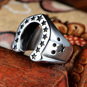 Vintage Horseshoe Amulet Ring Stainless Steel Men's Boy's Lucky Star Biker Ring - Picture 1 of 3