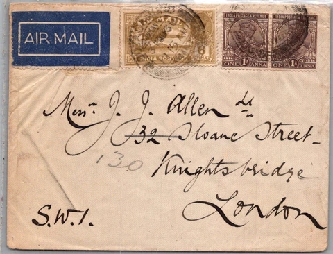 INDIA POSTAL HISTORY AIRMAIL COVER ADDR ENGLAND CANC YRS'1930 Cover