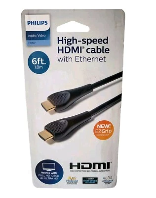 PHILIPS High-speed HDMI cable With Ethernet Full HD 1080p 4k 6 feet EZ Grip New - Image 1 of 4
