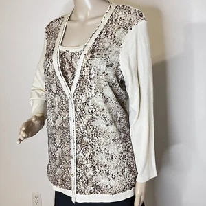 Chico's Gr. 1 M 8 10 beige braun Pailletten Tank + Cardigan Pullover verziert - Bild 1 von 18