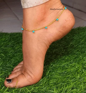 Blue Faceted Turquoise Beads Chain Anklet Beads Beaded Jewelry Gift Her - Picture 1 of 3