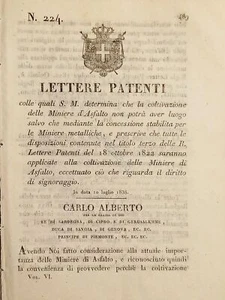 Lettere Patenti Carlo Alberto - Determina la coltivazione Miniere d'Asfalto 1838 - Picture 1 of 1