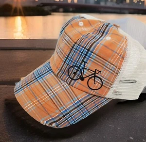 Orange Plaid Baseball Cap / Bike Hat / Cycling Cyclist Snap Back Super Cute! - Picture 1 of 4