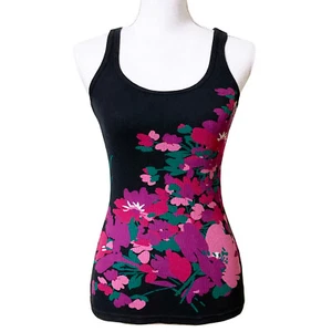 Old Navy Floral Tank Top Small Stretch Rib Knit Black Pink - Picture 1 of 8
