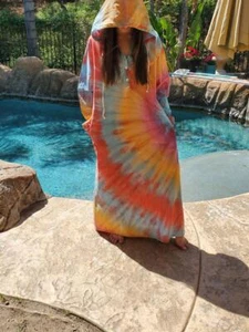 Maya Antonia Unisex Hand Tie-Dye Rainbow Cotton-Linen Maxi Dress/Kaftan/Hoodie - Picture 1 of 10