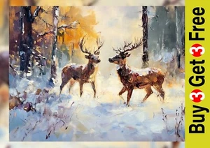 Snowy Deer Encounter 5"x7" Print on Matte Paper | Atmospheric Forest Deer Art - Picture 1 of 17