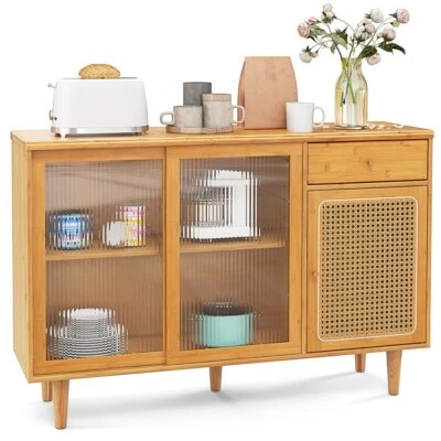 Modern Bamboo Buffet Sideboard Storage Cabinet W/ Tempered Glass Sliding Doors - Image 1 of 4