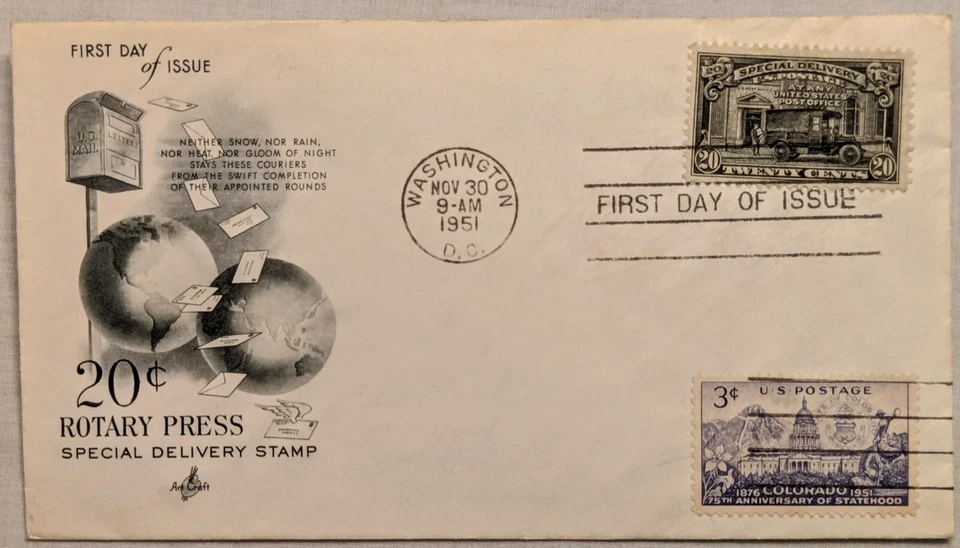 FDC # E19 - W/  Sc # 1001 - Art Craft Cachet - 11/30/1951 - Unaddressed  - Image 1 of 2