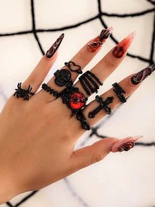 9pc Ring Set Goth Black Devil Eye Skull Spider Palm Rings 62 - Picture 1 of 7