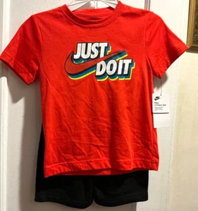 Nike 2 Piece Set "JUST DO IT" T-Shirt & Shorts Red & Black Sz 4 NWT - Picture 1 of 5