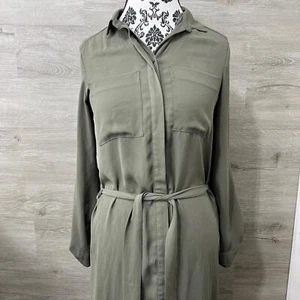 H&M Button Down Belted Long Sleeve Green Casual Shirt Dress Women's Size 4 - Picture 1 of 11